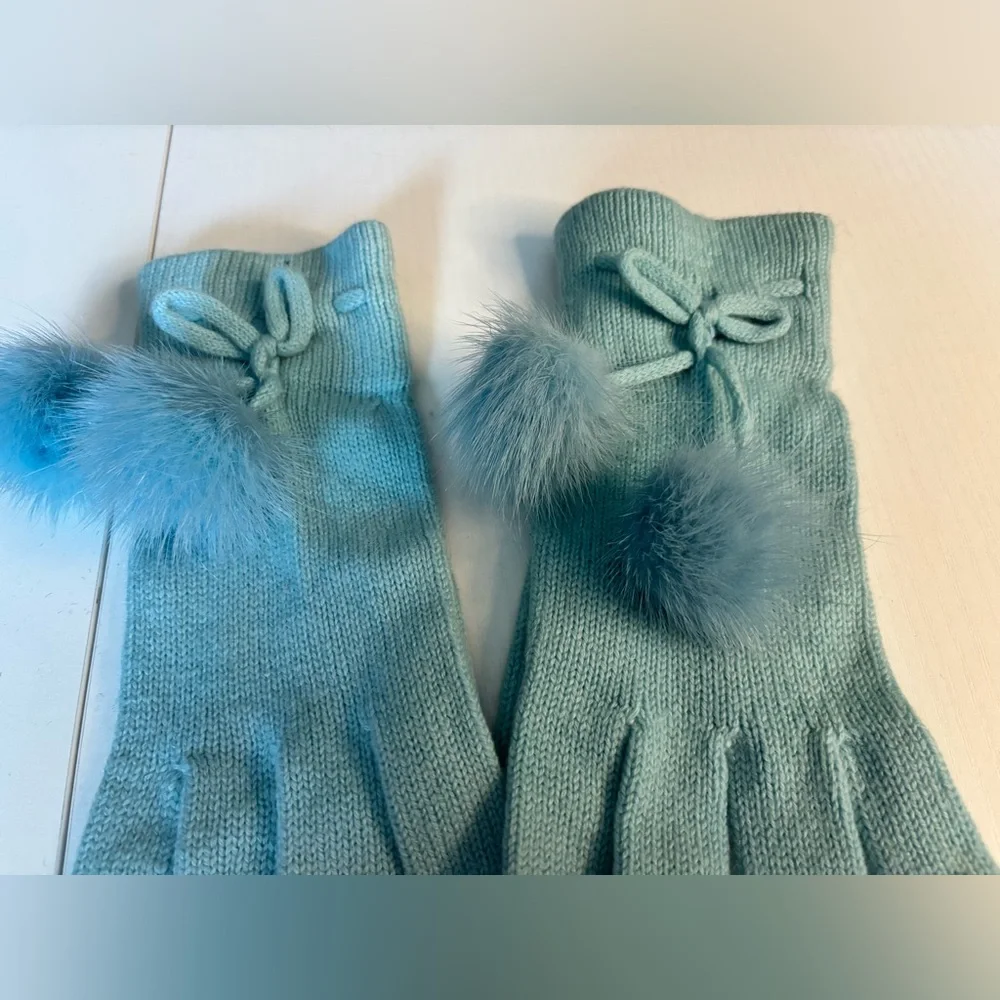 Light Blue Angora Wool Gloves With Fur Poms & Wrist Ties